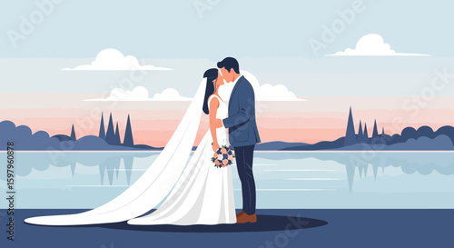 Newlyweds Celebrate Their Union With Embrace Overlooking Serene Lakeside Landscape