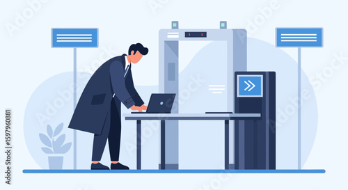 Man In Airport Security Using Laptop For Work While Traveling Confidently