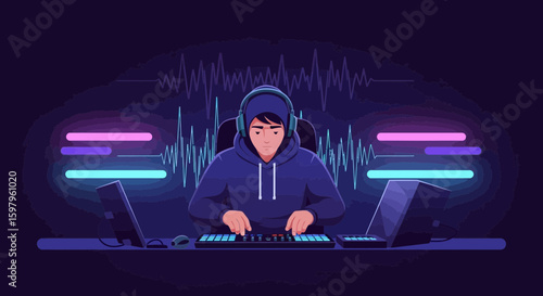 Man In Hoodie Editing Audio With Digital Soundwave And Neon Lights