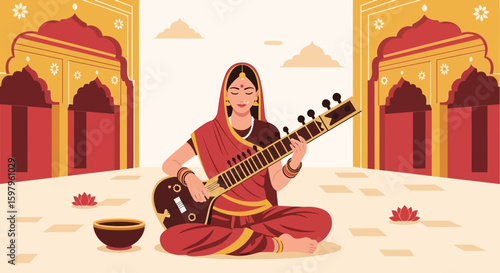 Indian Woman Playing Sitar In Traditional Dress On A Palace Background