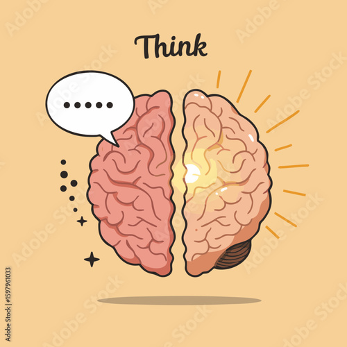 Split Brain with Speech Bubble and ‘Think’ Label Flat Icon
