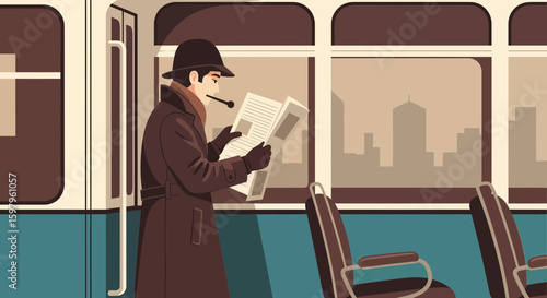 Man In Overcoat Reads Newspaper On Train While Traveling And Smoking Pipe