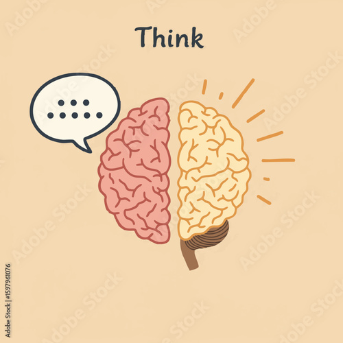 Split Brain with Speech Bubble and ‘Think’ Label Flat Icon