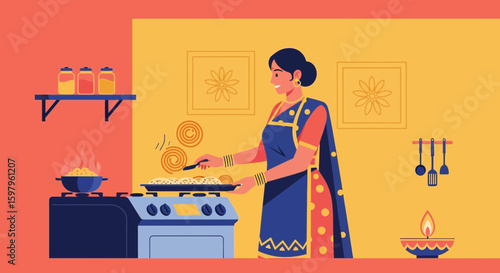 Indian Woman Preparing Traditional Sweets At Home In A Colorful Kitchen
