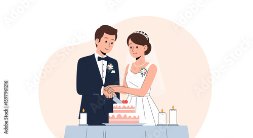 Newlyweds Cutting The Wedding Cake At A Classic And Romantic Wedding Ceremony