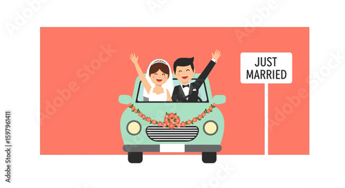 Newlyweds Drive Away From Their Wedding In Decorated Automobile With Joy