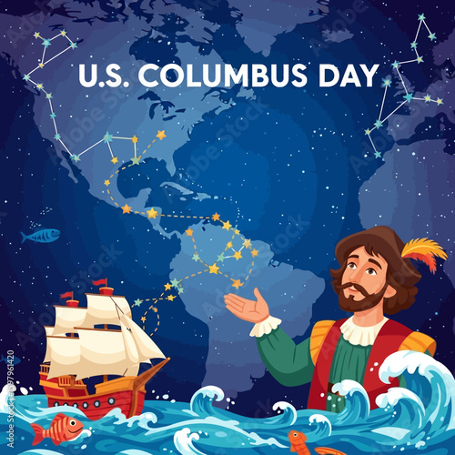 Columbus Day: A symbolic illustration depicting a scene associated with the commemoration of U.S. Columbus Day, featuring Columbus, a ship and the globe