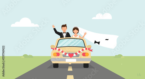 Newlyweds Drive Away Happy After Wedding Ceremony In Decorated Vehicle