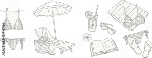 Summer beach vacation monochrome line art with beach items, relaxation theme