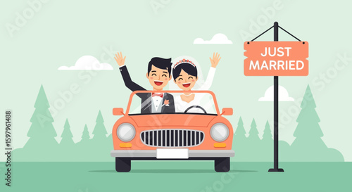 Newlyweds Drive Away In Vintage Car With Just Married Sign And Trees In Background
