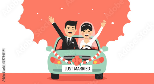 Newlyweds Driving Away After Their Wedding Newly Married Vector Graphic