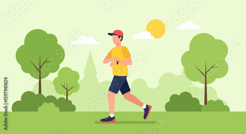 Man Jogging In The Park For Wellness On A Sunny Day Flat Design Illustration