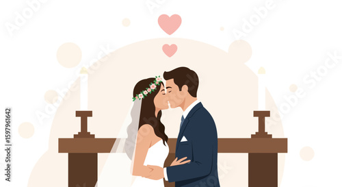 Newlyweds Kissing In Church Altar With Wedding Decoration And Love Symbol