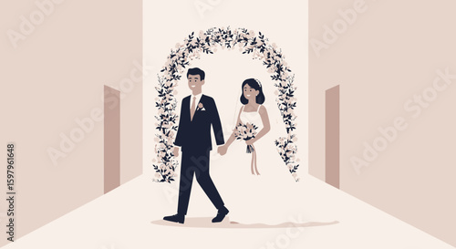 Newlyweds Groom And Bride Walking Through Floral Archway For Wedding Ceremony