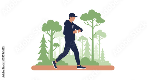 Man Jogging Monitoring Fitness in Nature Setting Woodland Background Scene
