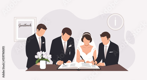 Newlyweds Signing The Marriage Register On Their Special Day Vector Illustration