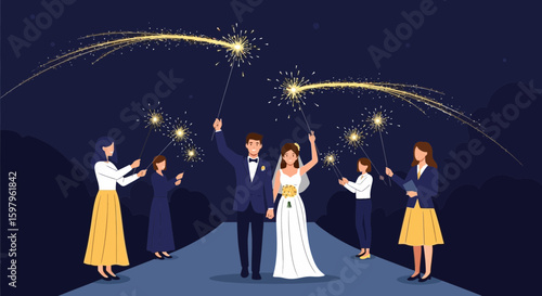 Newlyweds Sparkler Send Off At Joyful Wedding Night Ceremony Celebration