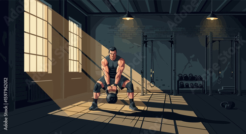 Intense Workout With Kettlebell In Gym With Sunlight Casting Shadows On Floor