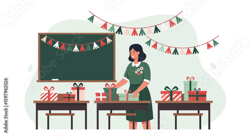 Festive Schoolteacher Preparing Holiday Gifts For Students In Classroom Setting