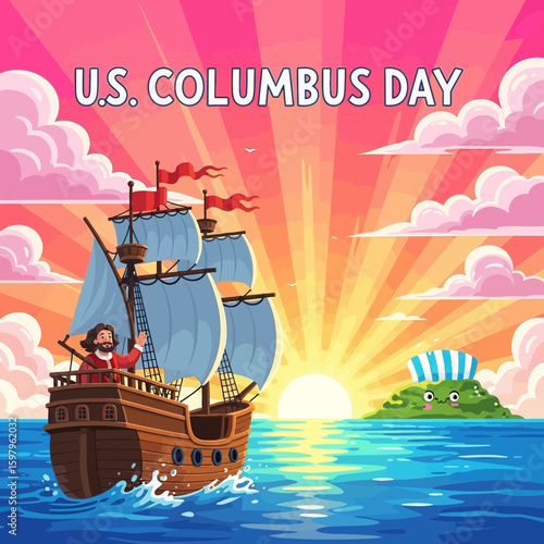 U.S. Columbus Day Voyage: A celebratory depiction of Columbus's voyage across the ocean, rendered in vibrant colors, sailing towards a new land with an uplifting, and optimistic visual.
