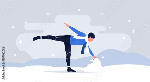 Man Making Snowman While Balancing One Leg In Snowy Landscape Illustration