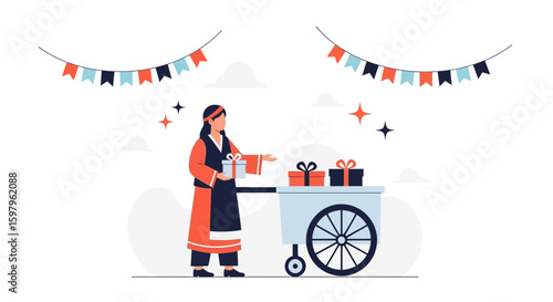 Festive Season Celebration With A Woman In Traditional Dress And Gift Cart