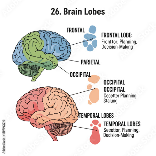 Brain Lobes Diagram: An illustration of the brain, showcasing its different lobes with labels, highlighting frontal, parietal, occipital, and temporal regions.