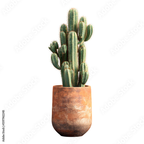 Tall Green Cactus in a Brown Textured Pot Against a Transparent Background