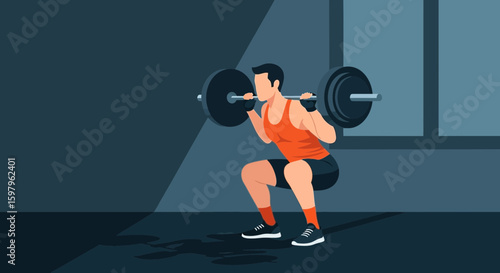 Man Performing Barbell Squats For Strength Training In An Gym Setting