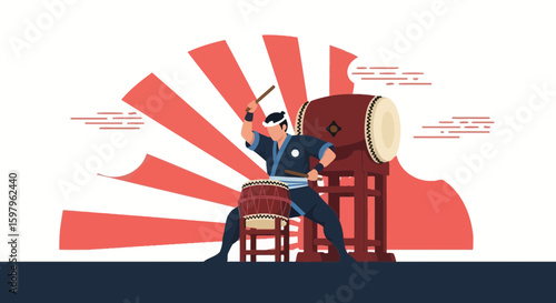 Japanese Taiko Drummer Performing Traditional Music With Energy On A Sunburst