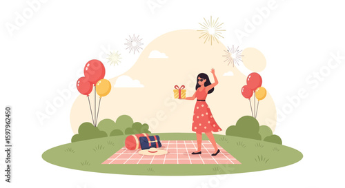 Festive Summer Picnic With Woman Holding Gift Under Celebration Fireworks