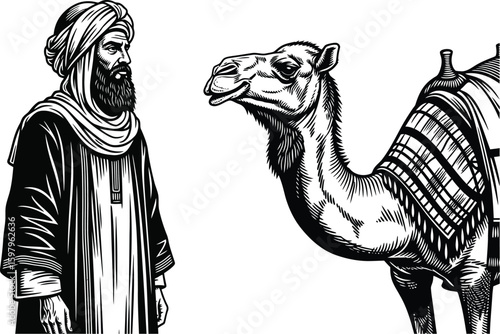 Middle Eastern man with turban and beard beside a camel in black and white