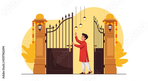 Festive Welcome Young Man Opens Ornate Gates During Celebrations
