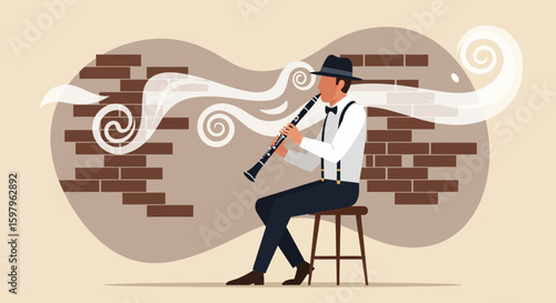 Jazz Clarinetist Performance In A Dimly Lit Club With Vintage Decor