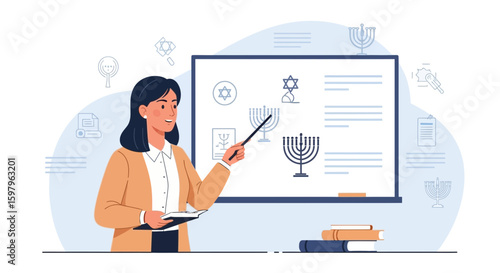 Jewish History Class Female Teacher Explaining Cultural Symbols On Whiteboard