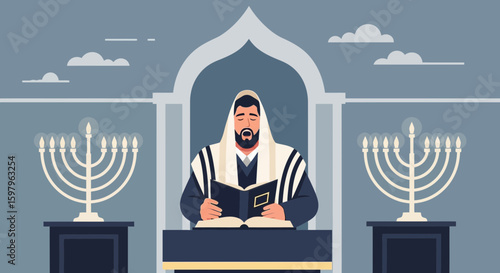 Jewish Man Reciting Prayers From The Siddur At Synagogue Surrounded By Menorahs