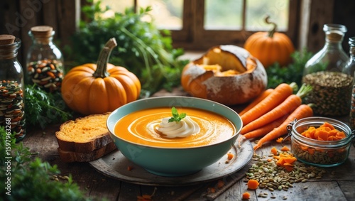 Fototapeta Naklejka Na Ścianę i Meble -  Pumpkin soup served in a bowl with carrots, bread, and pumpkins around, along with jars of spices and seeds, creating a cozy autumn harvest scene.