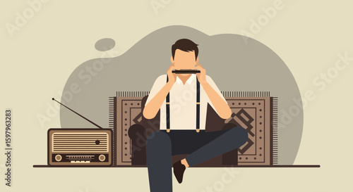 Man Playing Harmonica Relaxing At Home In Retro Style With Radio And Carpet