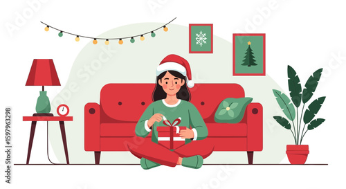 Festive Woman Sitting On Couch Unwrapping Christmas Gift In Cozy Living Room