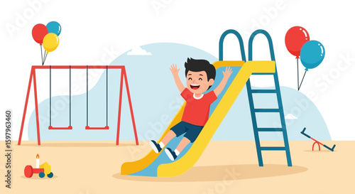 Joyful Adventures Await Little Boy Enjoying Slide In Vibrant Playground Scene