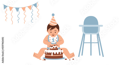 First Birthday Joyful Celebration Of A Little Boy Cutting His Cake