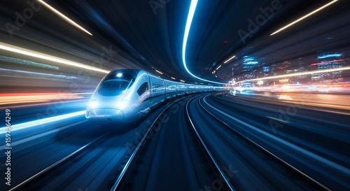 High speed train blur motion on railroad tracks futuristic mass transit