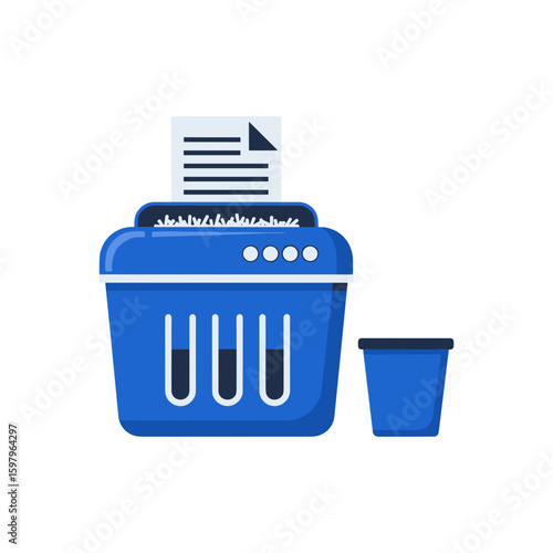 Office paper shredder in blue color with documents inside on isolated background