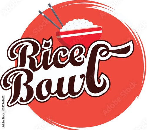 Rice bowl logo design with a beautiful combination of rice bowl dish, chopsticks and letters for Asian or Japanese food business, restaurant, food truck, cafe, etc.
