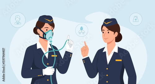 Flight Attendants Demonstrate The Usage Of Oxygen Mask For Emergency Situations