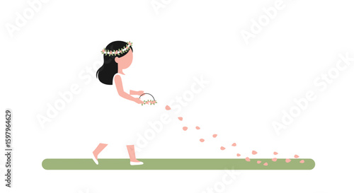Flower Girl Spreading Petals During Wedding Ceremony Elegant Minimalist Illustration