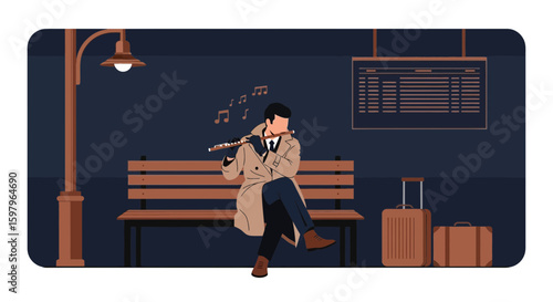 Flute Player Performing On A Bench At Train Station Waiting For Delayed Transportation