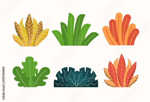 Set of different forest bushes, grasses, leaves of bush