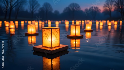 Floating lanterns on a lake at night, serene water lanterns, peaceful evening scene