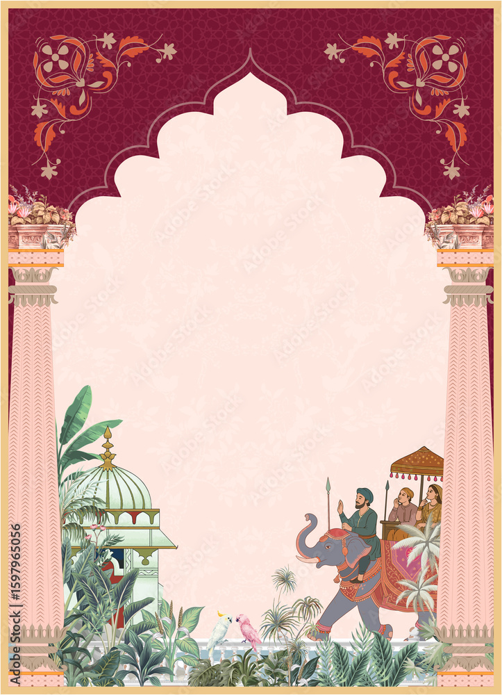 Naklejka premium Mughal style wedding invitation floral patterns, traditional architecture, and an elegant elephant procession. template